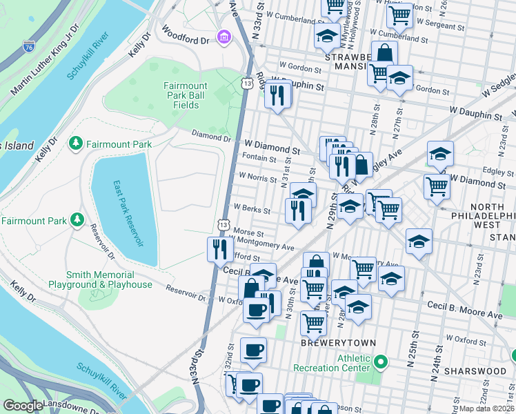 map of restaurants, bars, coffee shops, grocery stores, and more near 1903 North 32nd Street in Philadelphia