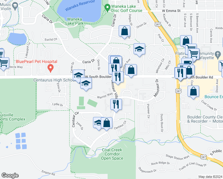 map of restaurants, bars, coffee shops, grocery stores, and more near 1205 Warrior Way in Lafayette