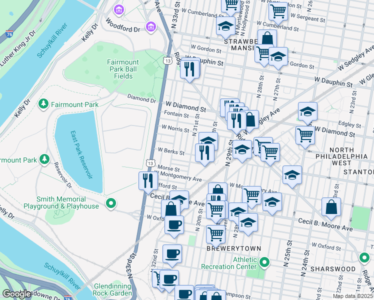 map of restaurants, bars, coffee shops, grocery stores, and more near 1909 North Napa Street in Philadelphia