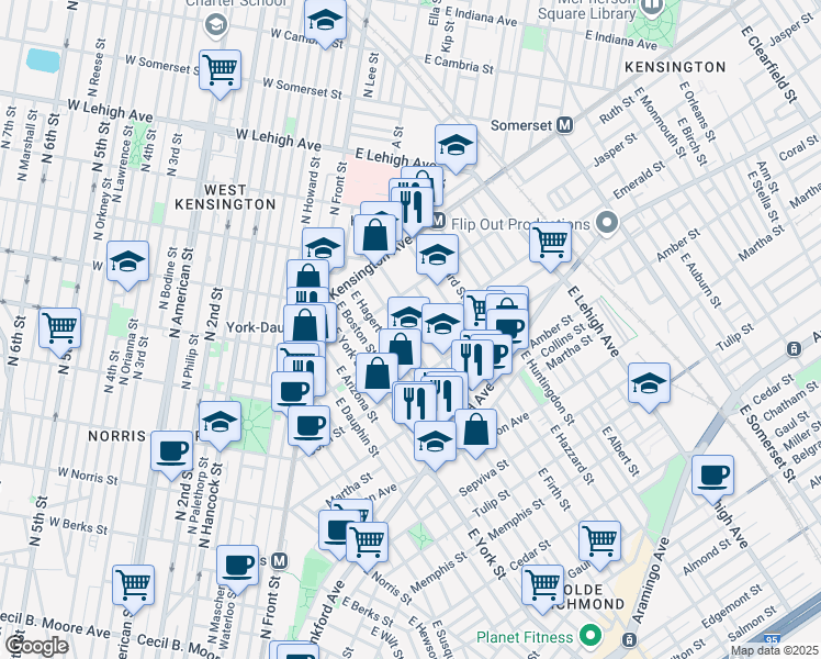 map of restaurants, bars, coffee shops, grocery stores, and more near 2470 Emerald Street in Philadelphia