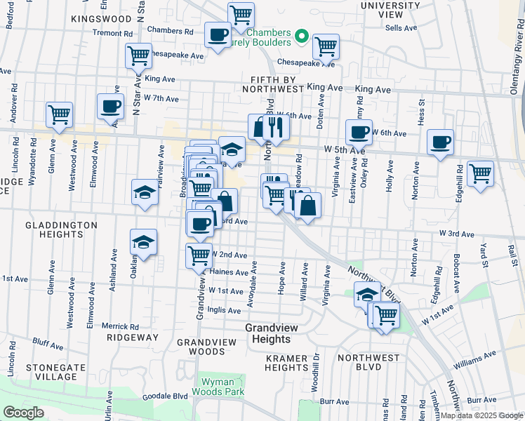 map of restaurants, bars, coffee shops, grocery stores, and more near 1344 Sunrise Ave in Columbus