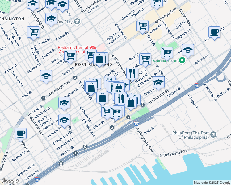 map of restaurants, bars, coffee shops, grocery stores, and more near 2605 East Allegheny Avenue in Philadelphia