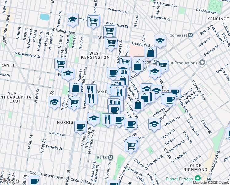 map of restaurants, bars, coffee shops, grocery stores, and more near 2323 North Howard Street in Philadelphia