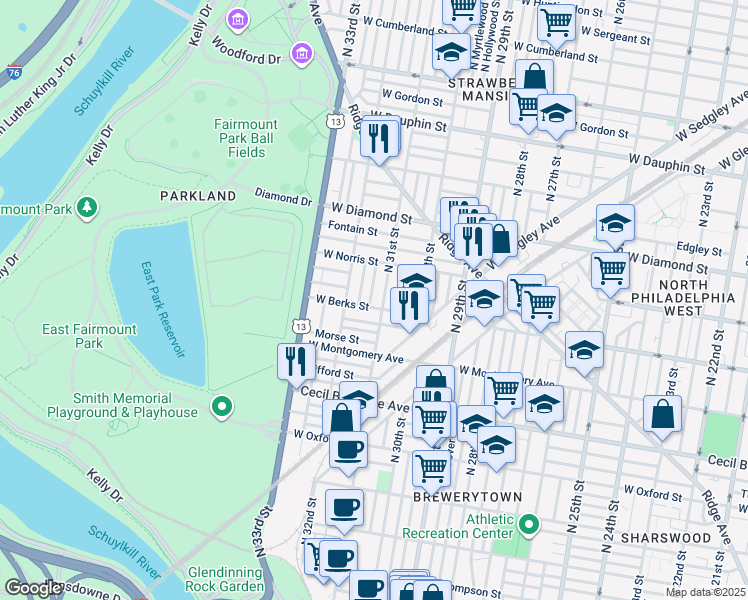 map of restaurants, bars, coffee shops, grocery stores, and more near 1909 North Napa Street in Philadelphia