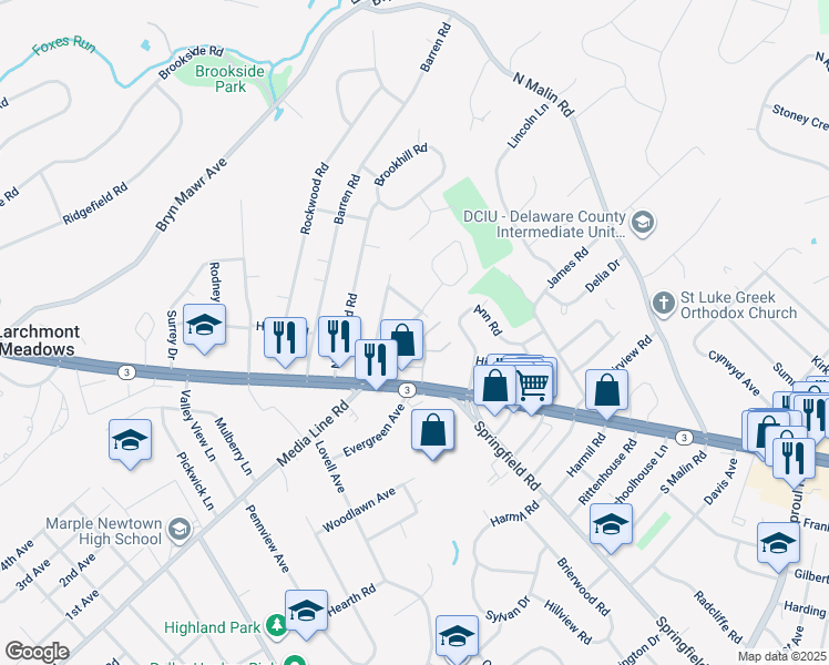 map of restaurants, bars, coffee shops, grocery stores, and more near 29 North Line Road in Newtown Square