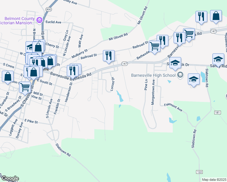 map of restaurants, bars, coffee shops, grocery stores, and more near 122 Locust Drive in Barnesville