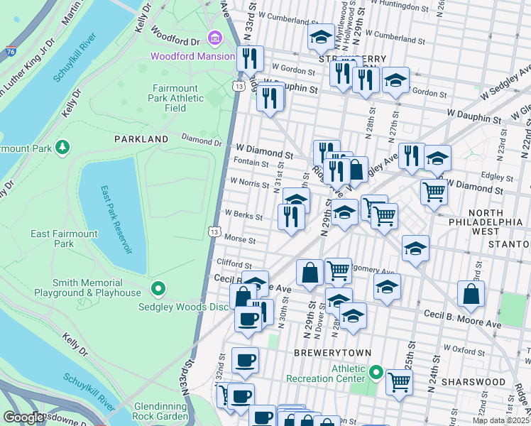 map of restaurants, bars, coffee shops, grocery stores, and more near 1909 North Napa Street in Philadelphia