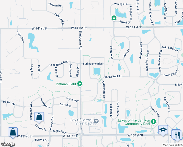 map of restaurants, bars, coffee shops, grocery stores, and more near 13683 Stanford Drive in Westfield