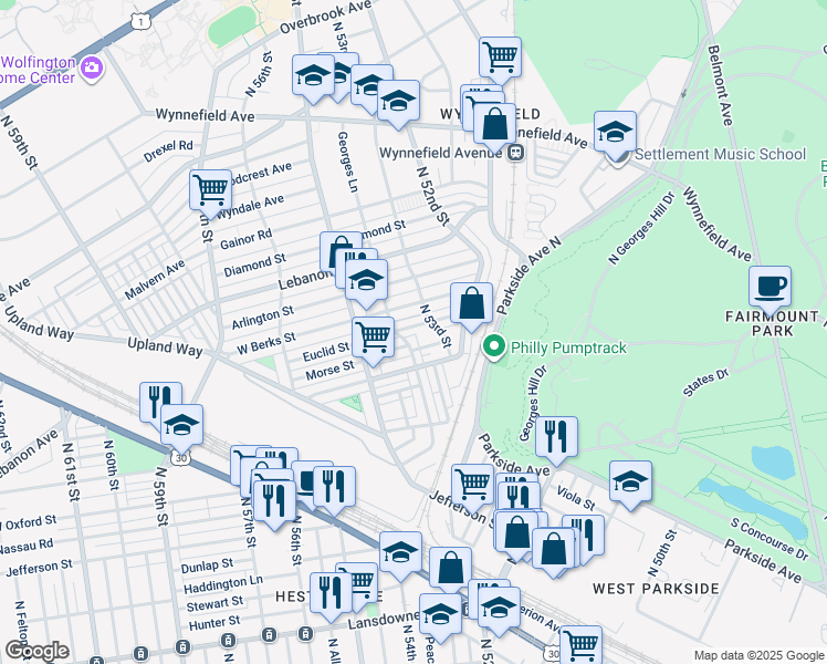 map of restaurants, bars, coffee shops, grocery stores, and more near 5322 Euclid Street in Philadelphia