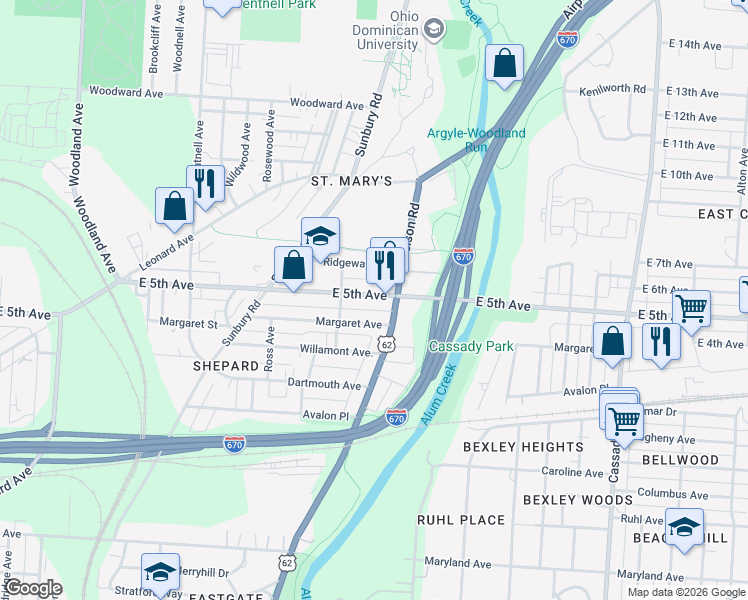map of restaurants, bars, coffee shops, grocery stores, and more near 2323 East 5th Avenue in Columbus