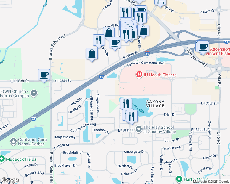 map of restaurants, bars, coffee shops, grocery stores, and more near 12950 Talblick Street in Fishers