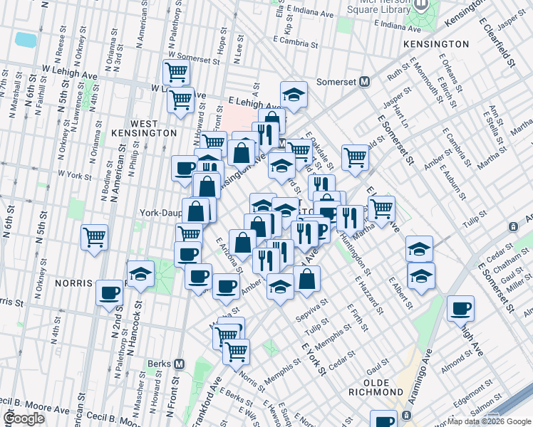 map of restaurants, bars, coffee shops, grocery stores, and more near 2007 East Cumberland Street in Philadelphia