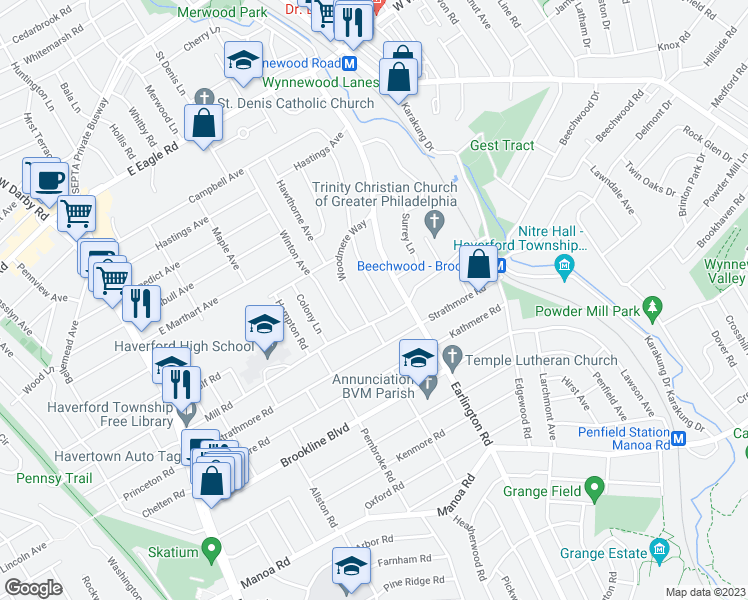 map of restaurants, bars, coffee shops, grocery stores, and more near 1606 Ridgeway Road in Havertown