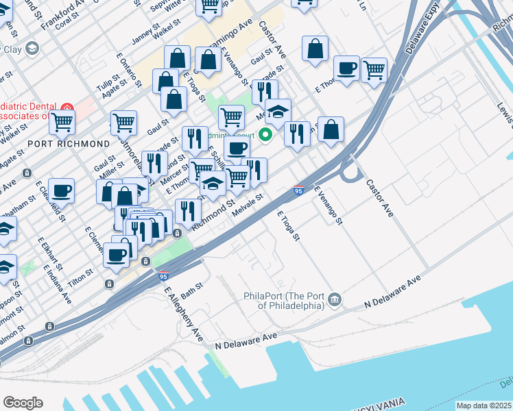 map of restaurants, bars, coffee shops, grocery stores, and more near 3445 Melvale Street in Philadelphia