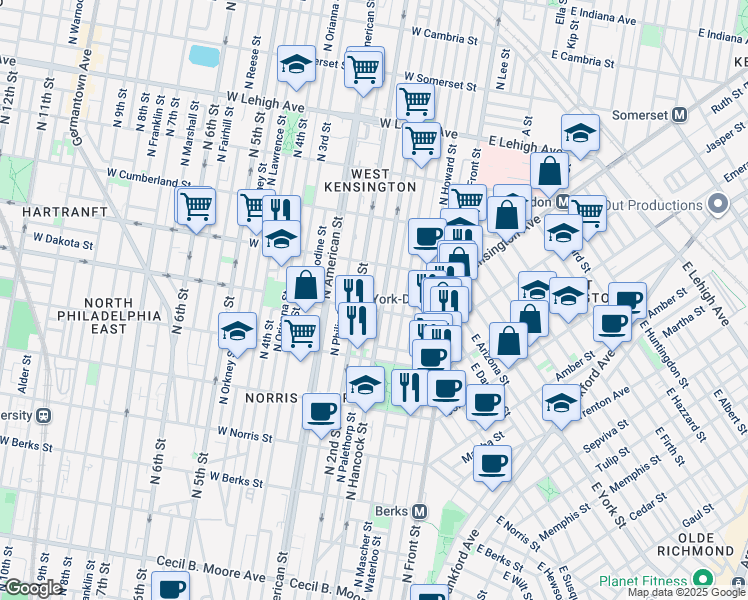 map of restaurants, bars, coffee shops, grocery stores, and more near 2311 North Palethorp Street in Philadelphia
