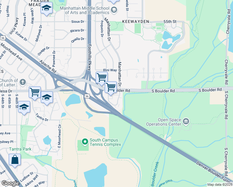 map of restaurants, bars, coffee shops, grocery stores, and more near 5387 Manhattan Circle in Boulder