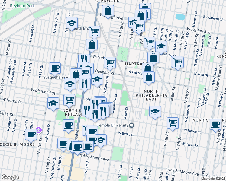 map of restaurants, bars, coffee shops, grocery stores, and more near 2139 North 12th Street in Philadelphia