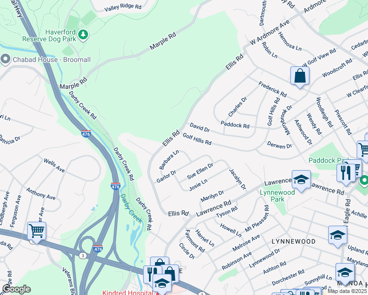 map of restaurants, bars, coffee shops, grocery stores, and more near 50 Barbara Lane in Havertown