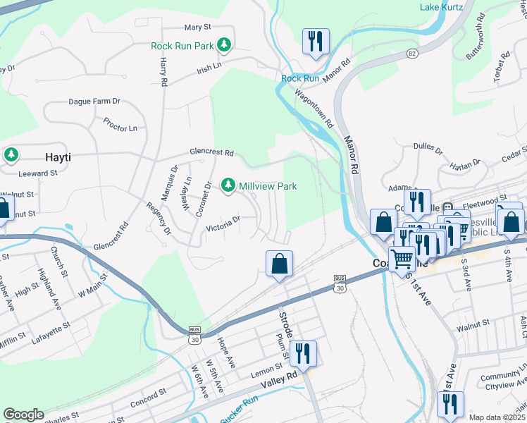 map of restaurants, bars, coffee shops, grocery stores, and more near 1301 Francis Drive in Coatesville