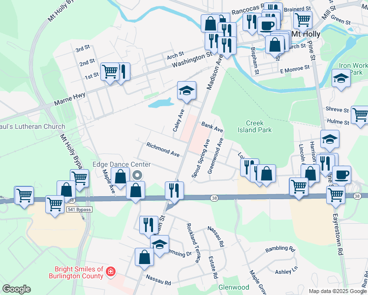 map of restaurants, bars, coffee shops, grocery stores, and more near 184 Madison Avenue in Mount Holly