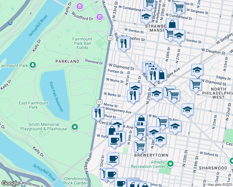 map of restaurants, bars, coffee shops, grocery stores, and more near 1906 North Patton Street in Philadelphia