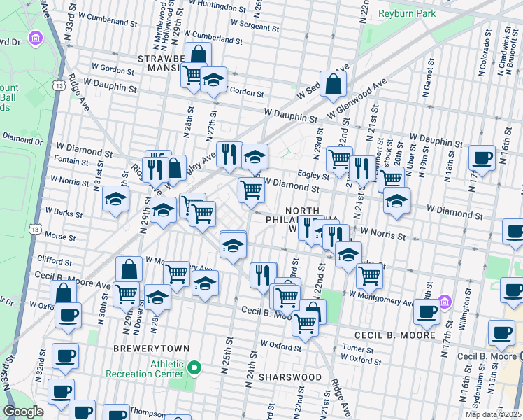 map of restaurants, bars, coffee shops, grocery stores, and more near 2429 West Norris Street in Philadelphia