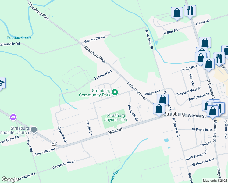 map of restaurants, bars, coffee shops, grocery stores, and more near 210 Cross Keys Drive in Strasburg