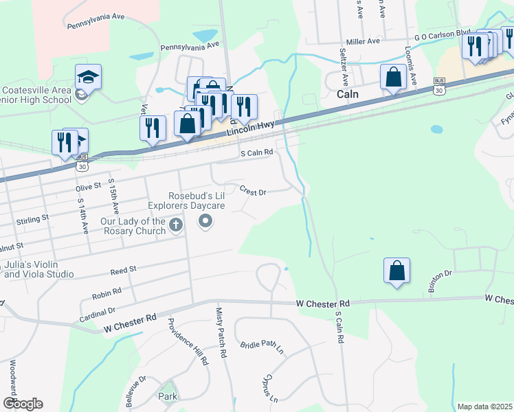 map of restaurants, bars, coffee shops, grocery stores, and more near 304 Eliot Circle in Coatesville