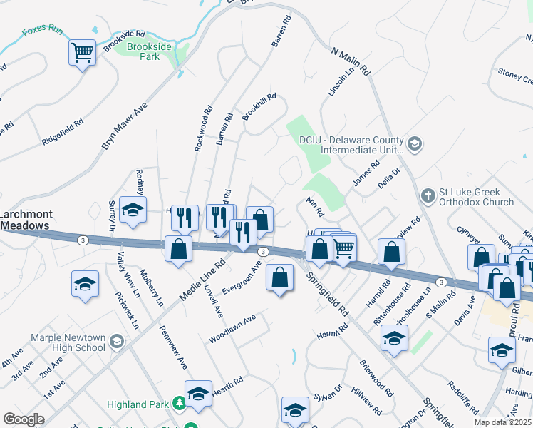 map of restaurants, bars, coffee shops, grocery stores, and more near 29 North Line Road in Newtown Square