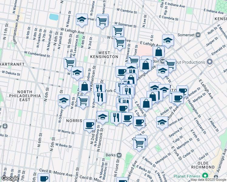 map of restaurants, bars, coffee shops, grocery stores, and more near 2336 North Mascher Street in Philadelphia