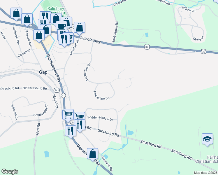 map of restaurants, bars, coffee shops, grocery stores, and more near 874 Timberline Drive in Gap