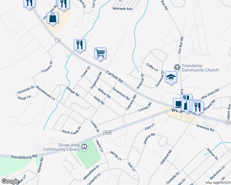 map of restaurants, bars, coffee shops, grocery stores, and more near 3480 Sycamore Road in Dover