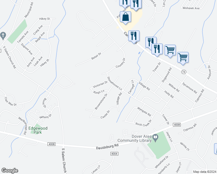 map of restaurants, bars, coffee shops, grocery stores, and more near 2609 Brownstone Dr in Dover