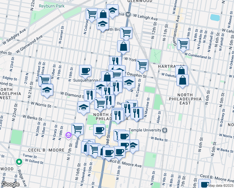 map of restaurants, bars, coffee shops, grocery stores, and more near 2129 North Broad Street in Philadelphia