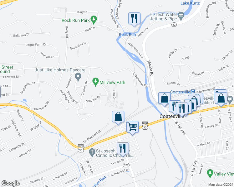 map of restaurants, bars, coffee shops, grocery stores, and more near Saginaw Drive in Coatesville