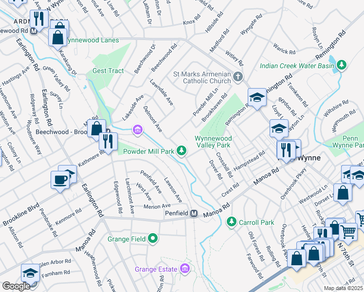 map of restaurants, bars, coffee shops, grocery stores, and more near 909 Powder Mill Lane in Wynnewood
