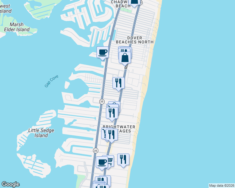map of restaurants, bars, coffee shops, grocery stores, and more near 104 W Chadwick Way in Lavallette