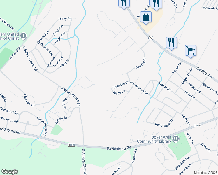 map of restaurants, bars, coffee shops, grocery stores, and more near 2633 Victorian Drive in Dover