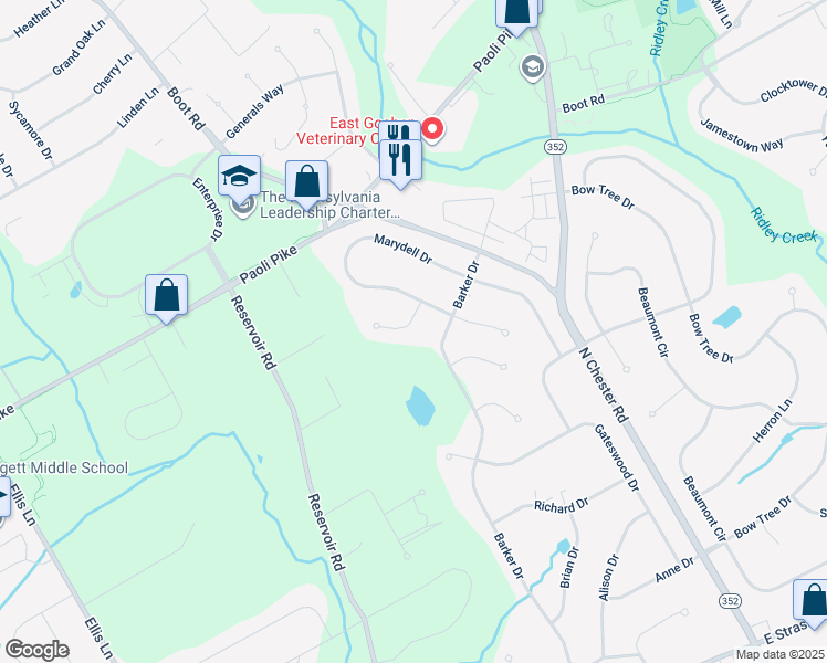 map of restaurants, bars, coffee shops, grocery stores, and more near 1508 Wilson Lane in West Chester