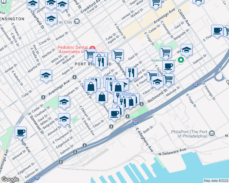 map of restaurants, bars, coffee shops, grocery stores, and more near 2603 East Allegheny Avenue in Philadelphia