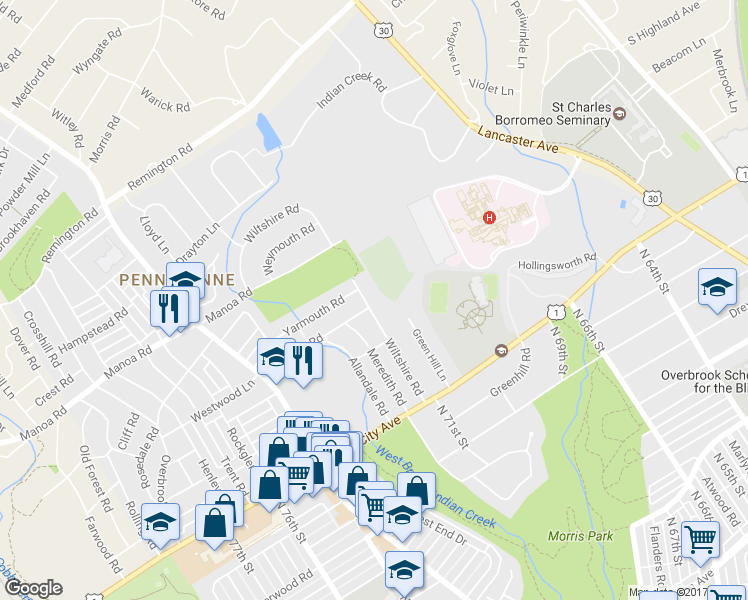 map of restaurants, bars, coffee shops, grocery stores, and more near 25 Wiltshire Road in Wynnewood