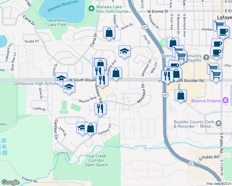 map of restaurants, bars, coffee shops, grocery stores, and more near 1147 James Court in Lafayette