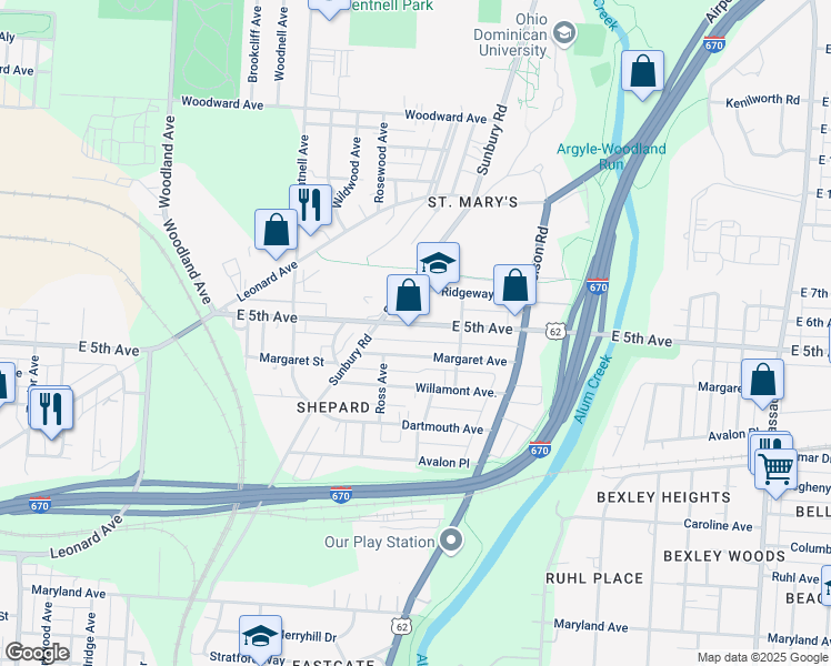 map of restaurants, bars, coffee shops, grocery stores, and more near 2201 East 5th Avenue in Columbus