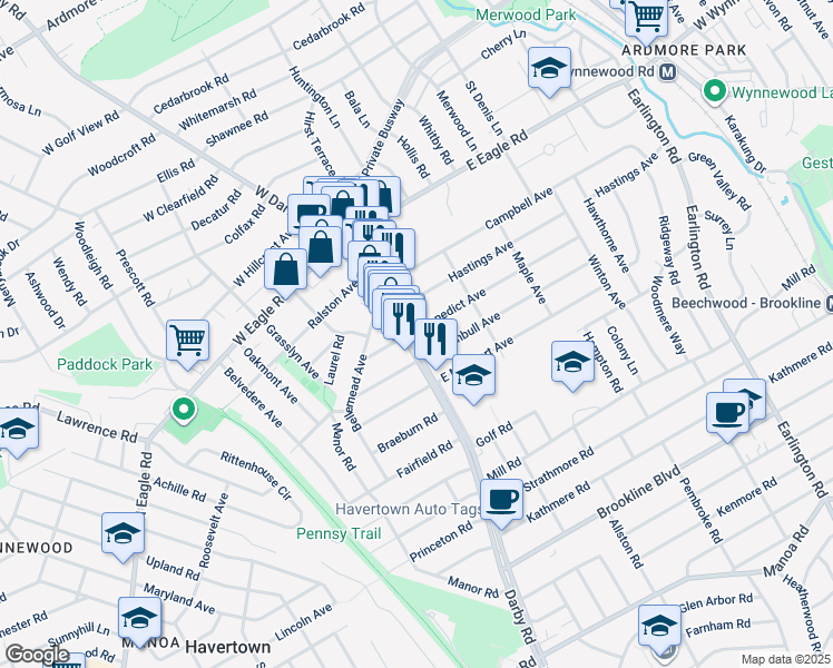 map of restaurants, bars, coffee shops, grocery stores, and more near 2033 Darby Road in Havertown