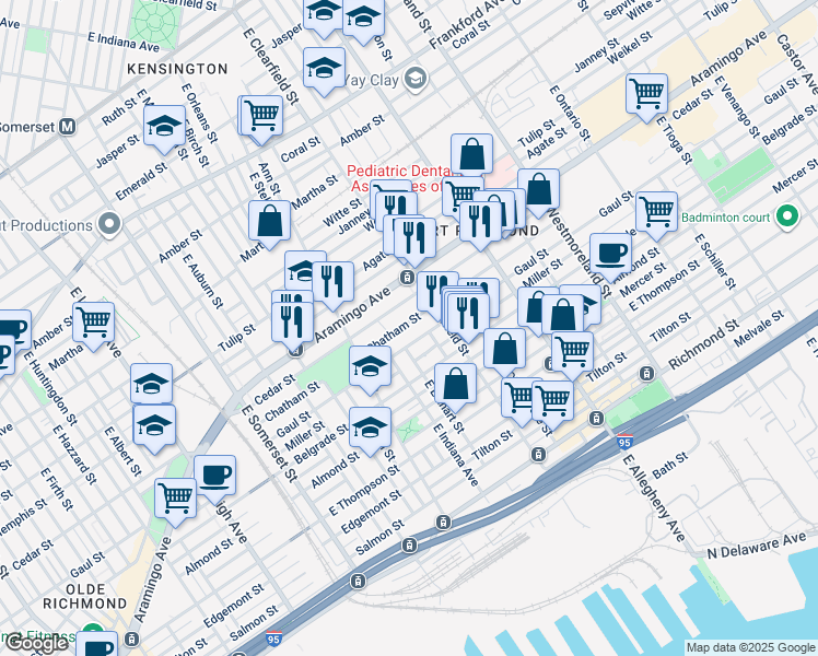 map of restaurants, bars, coffee shops, grocery stores, and more near 3049 Chatham Street in Philadelphia