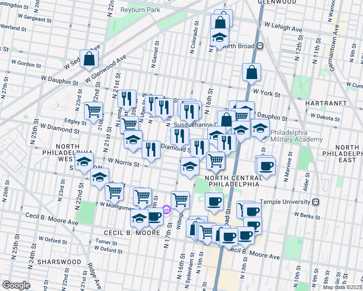 map of restaurants, bars, coffee shops, grocery stores, and more near 1717 Fr. P. Washington Avenue in Philadelphia