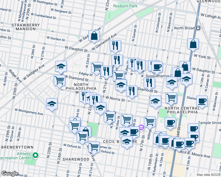 map of restaurants, bars, coffee shops, grocery stores, and more near 2037 North Lambert Street in Philadelphia
