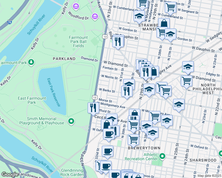 map of restaurants, bars, coffee shops, grocery stores, and more near 1906 North Patton Street in Philadelphia