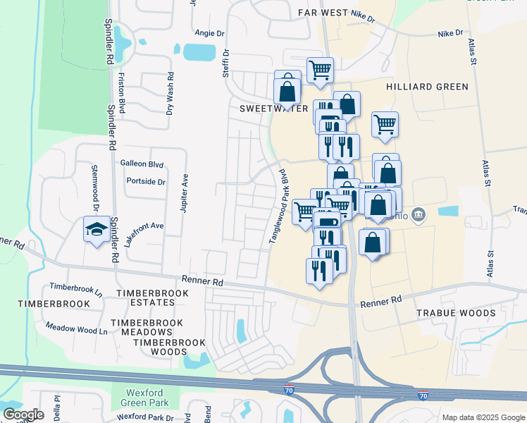 map of restaurants, bars, coffee shops, grocery stores, and more near 1718 Bennigan Drive in Columbus