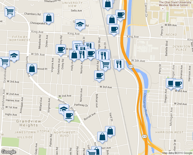 map of restaurants, bars, coffee shops, grocery stores, and more near 1273 Edgehill Road in Columbus